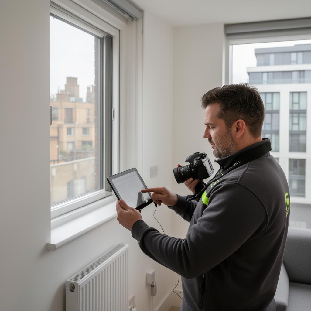 Property professional carrying out a documented interior inspection