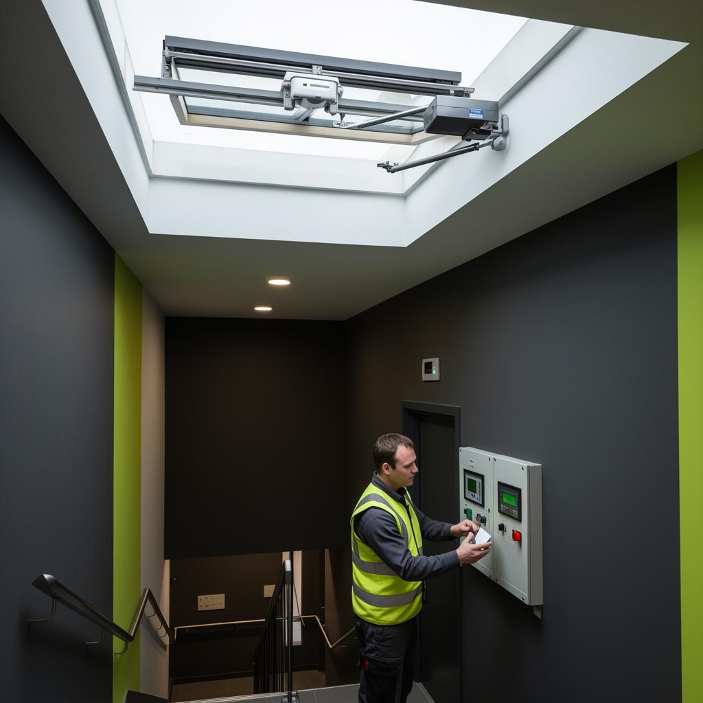 Technician testing an automatic opening smoke vent in a stairwell