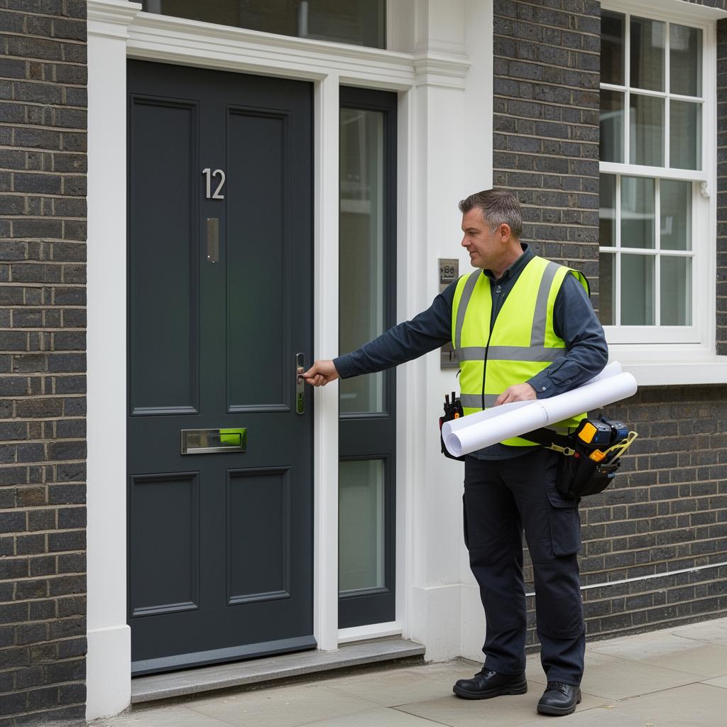 Surveyor reviewing plans at a professional building site
